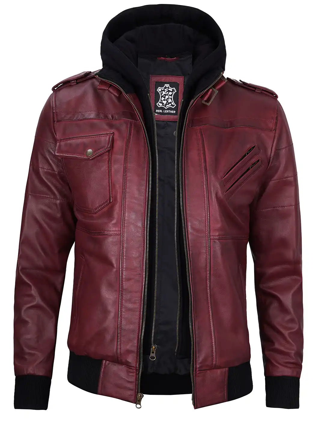 Men's Burgundy Lambskin Bomber Jacket with Removable Hood - Image 6