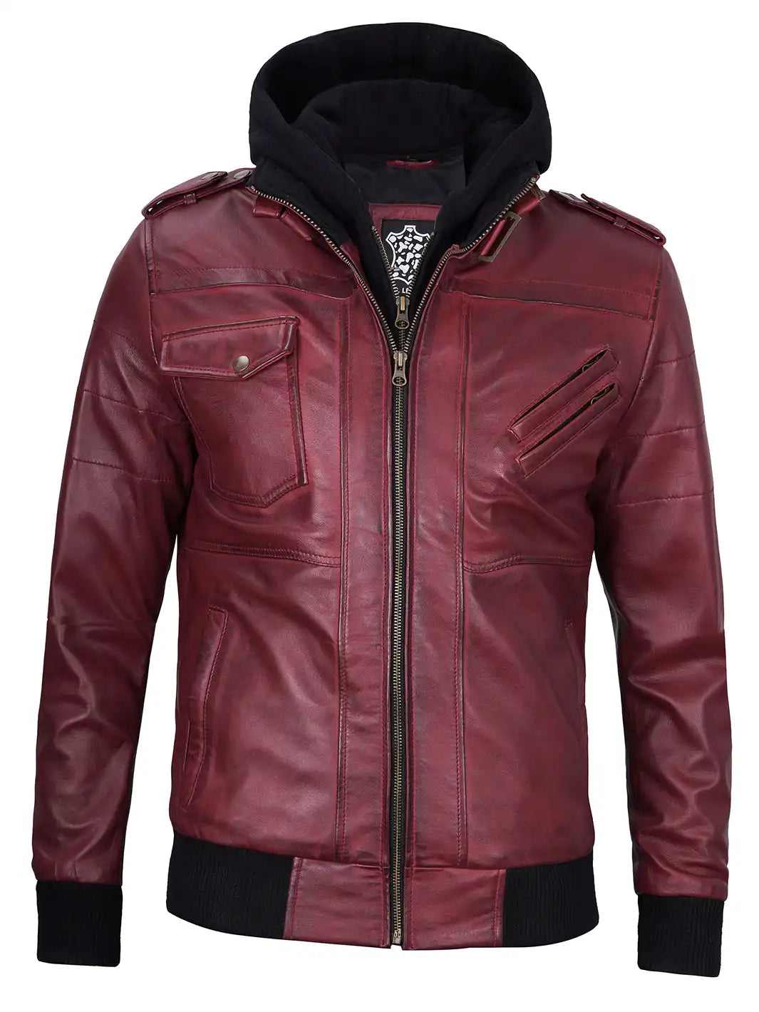 Men's Burgundy Lambskin Bomber Jacket with Removable Hood - Image 8