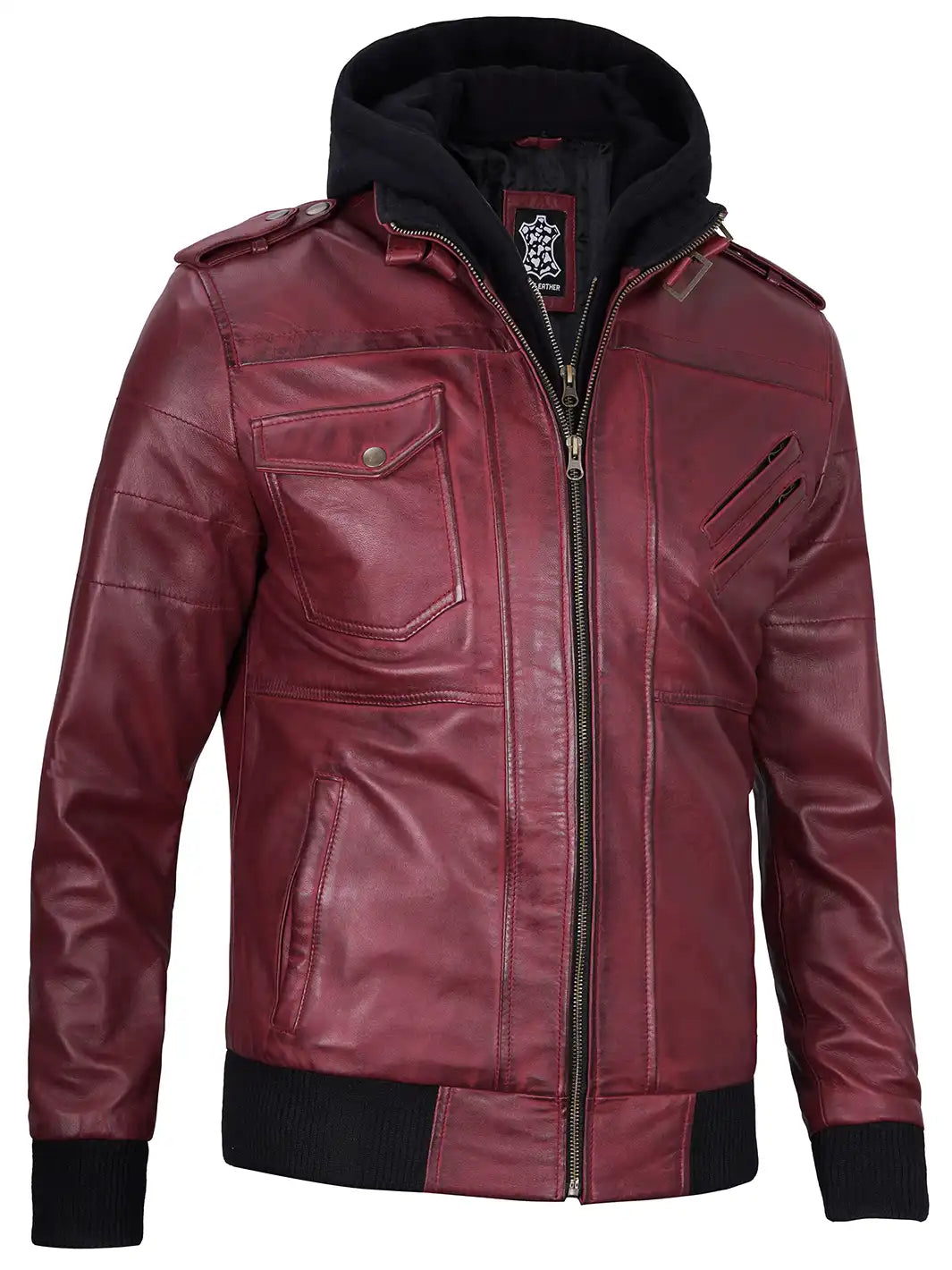 Men's Burgundy Lambskin Bomber Jacket with Removable Hood - Image 7