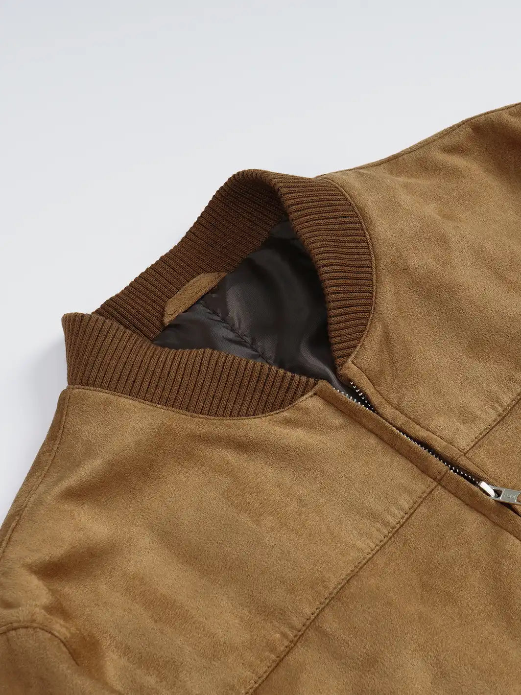 Men's Light Brown Faux Suede Bomber Jacket - Image 5