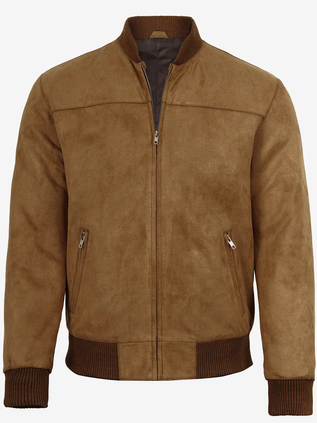 Men's Light Brown Faux Suede Bomber Jacket - Image 3