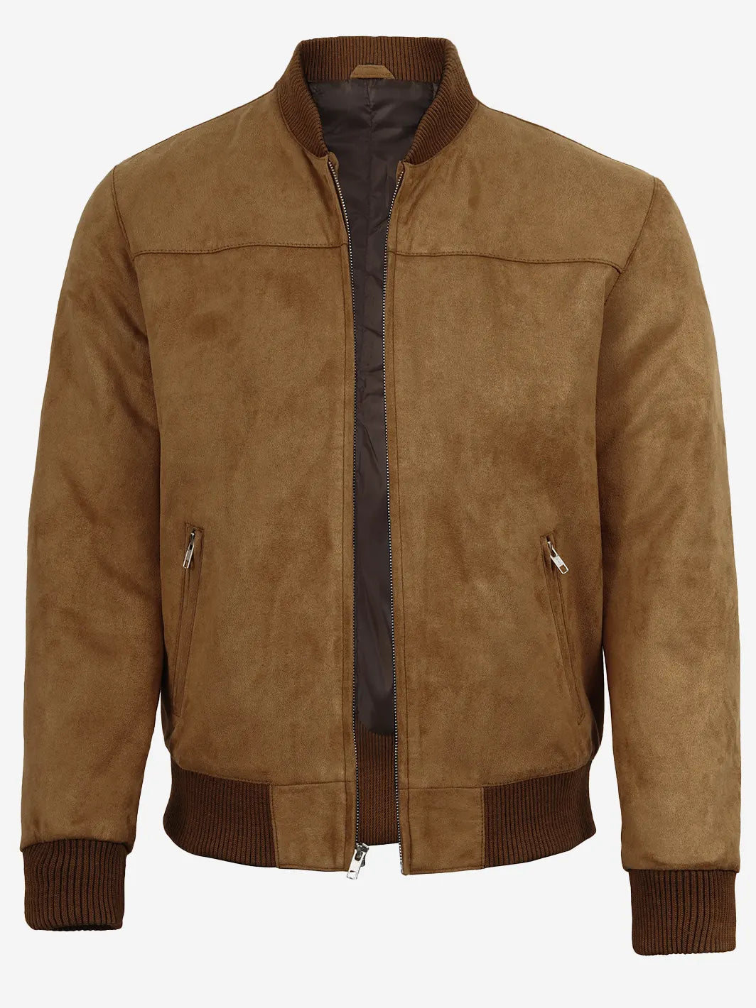 Men's Light Brown Faux Suede Bomber Jacket - Image 2