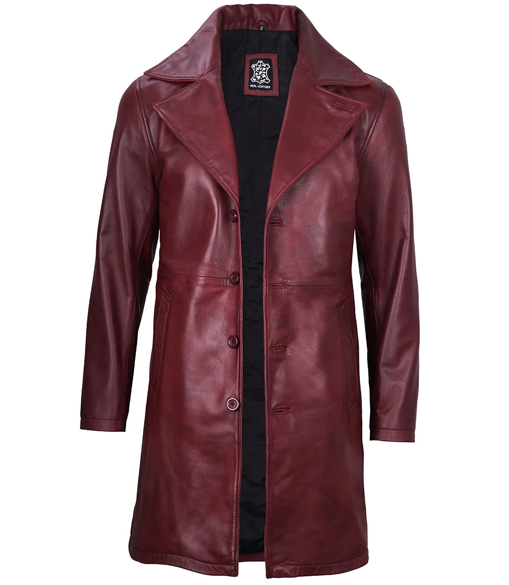 Men's Burgundy Lambskin Leather Car Coat - Image 3
