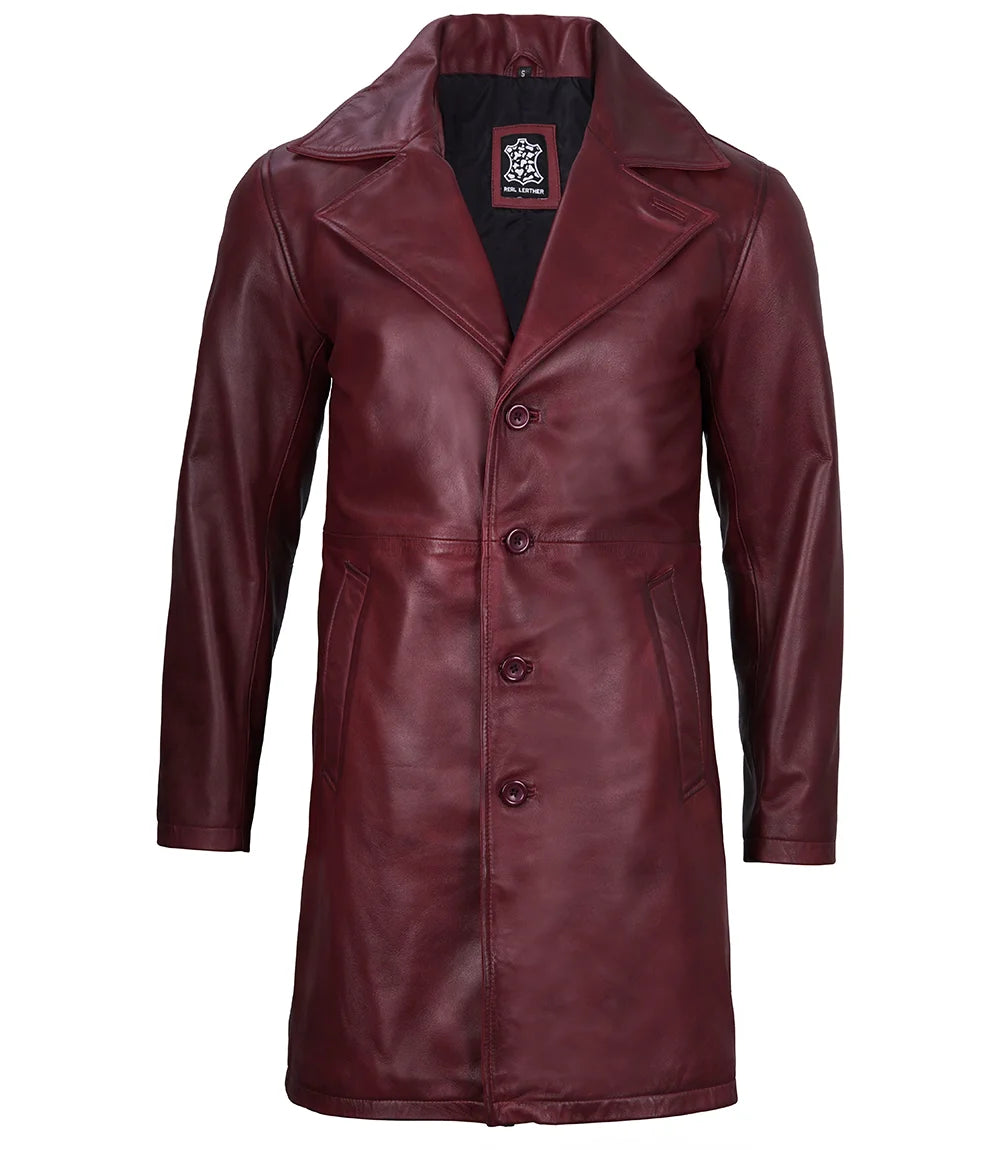 Men's Burgundy Lambskin Leather Car Coat - Image 4