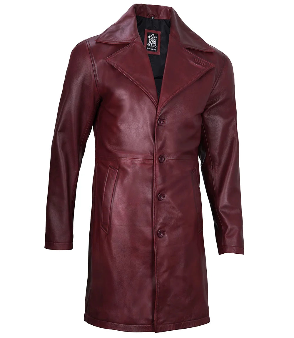 Men's Burgundy Lambskin Leather Car Coat - Image 5