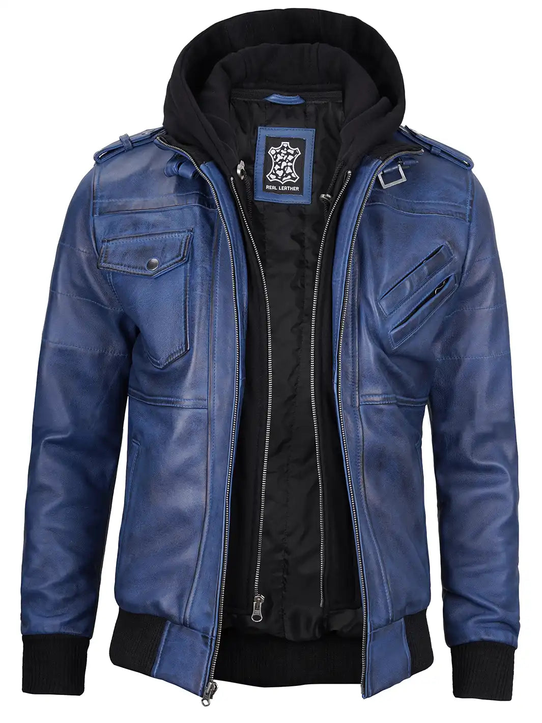 Men's Blue Wax Lambskin Bomber Jacket with Removable Hood - Image 6
