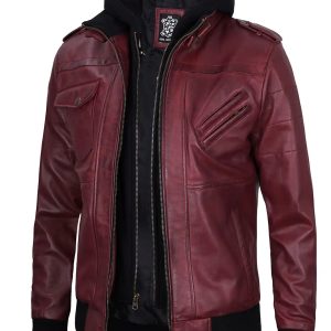 Men's Burgundy Lambskin Bomber Jacket with Removable Hood