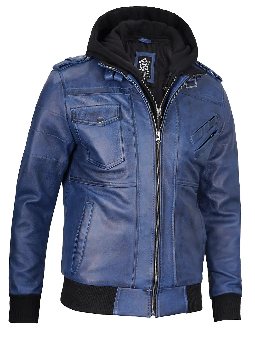Men's Blue Wax Lambskin Bomber Jacket with Removable Hood - Image 7