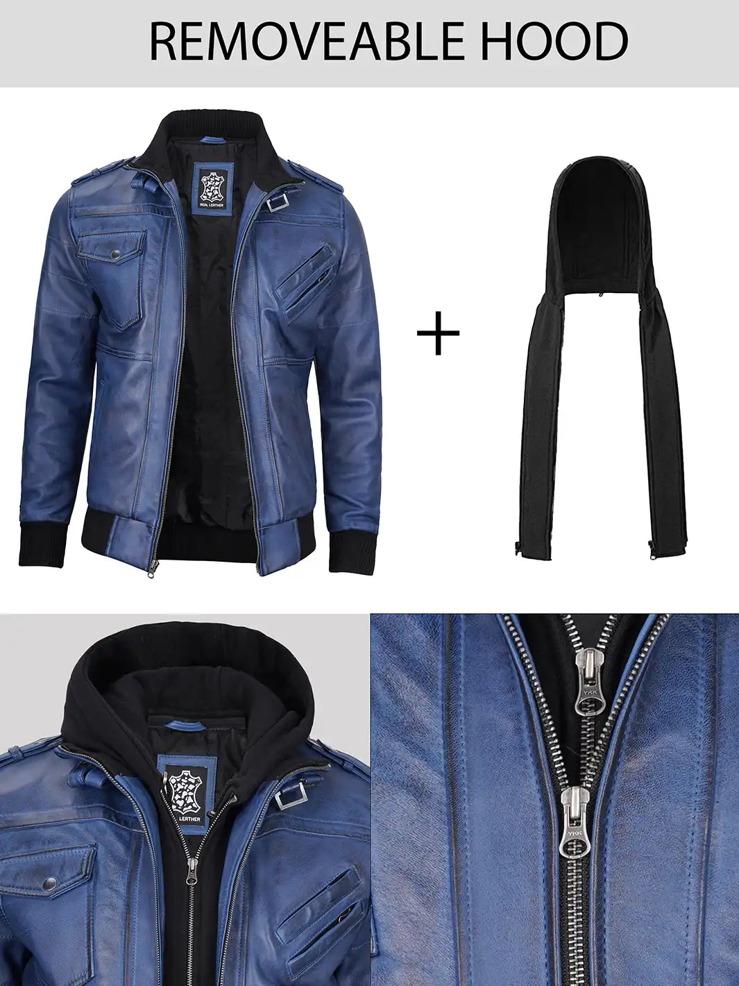 Men's Blue Wax Lambskin Bomber Jacket with Removable Hood - Image 8
