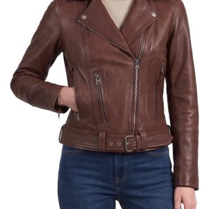 Women's Cognac Brown Lambskin Biker Jacket — Asymmetrical Collar