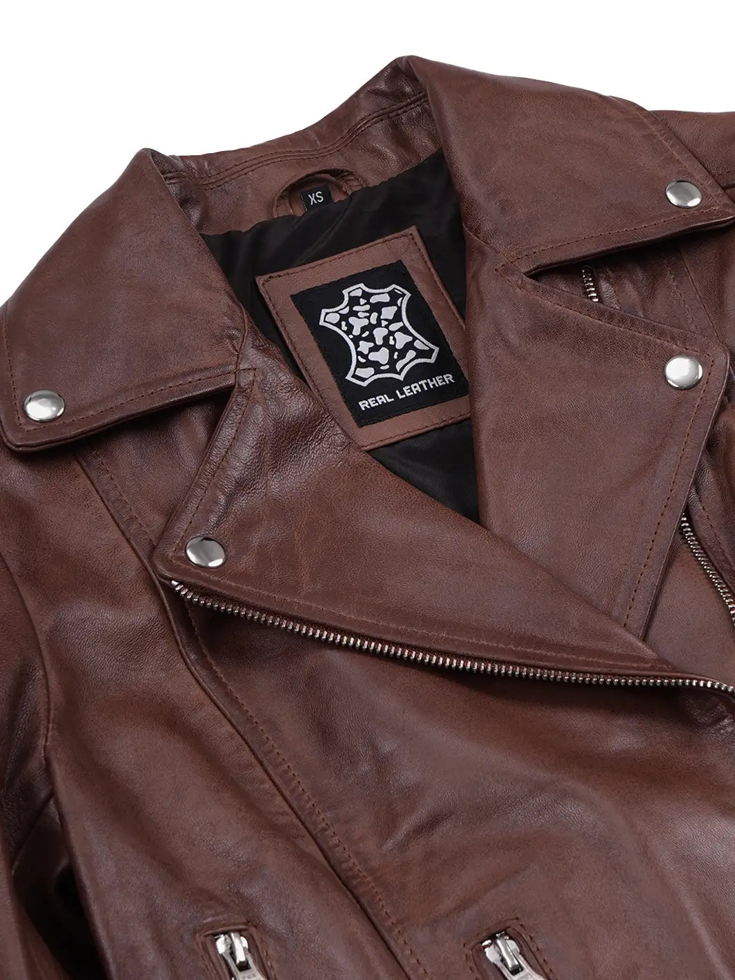 Women's Cognac Brown Lambskin Biker Jacket — Asymmetrical Collar - Image 3