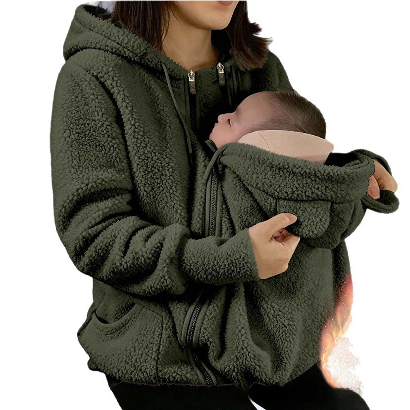Corduroy Hooded Sweatshirt With Baby-pocket Women's Thickened Zip-up Jacket For Parent-Child Matching Outfits - Image 7