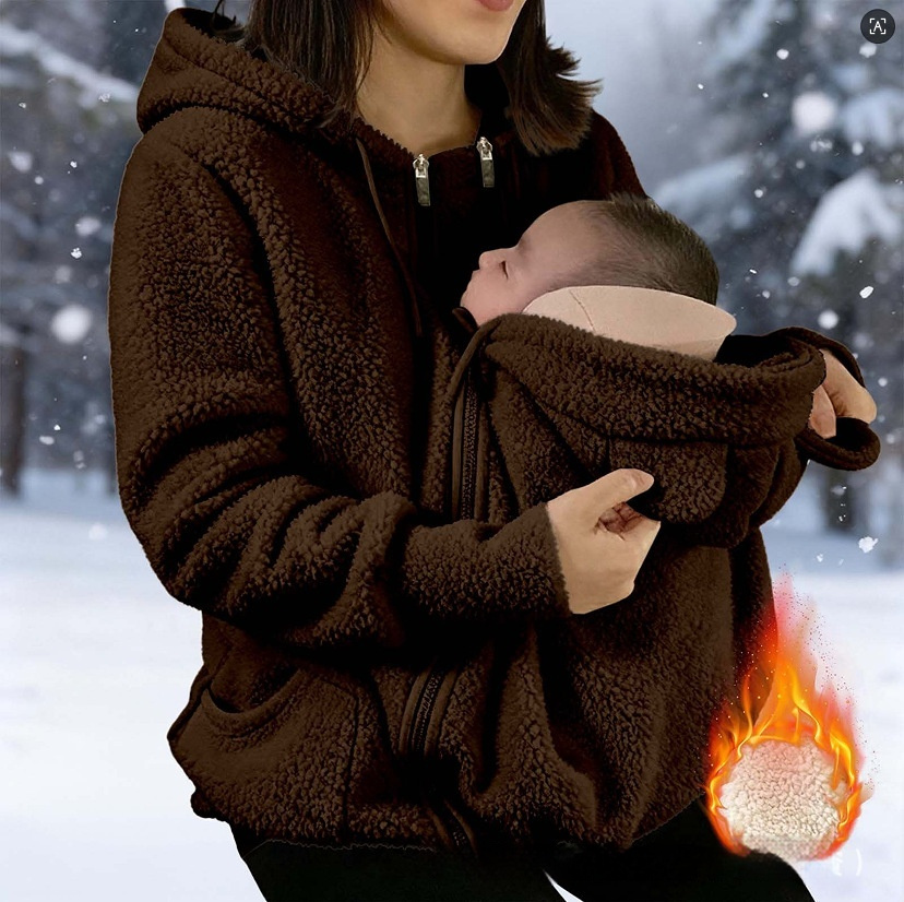 Corduroy Hooded Sweatshirt With Baby-pocket Women's Thickened Zip-up Jacket For Parent-Child Matching Outfits - Image 5