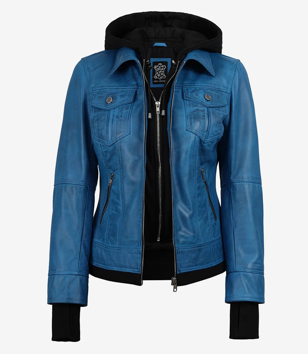 Women's Vivid Blue Lambskin Leather Jacket - Removable Hood - Image 3