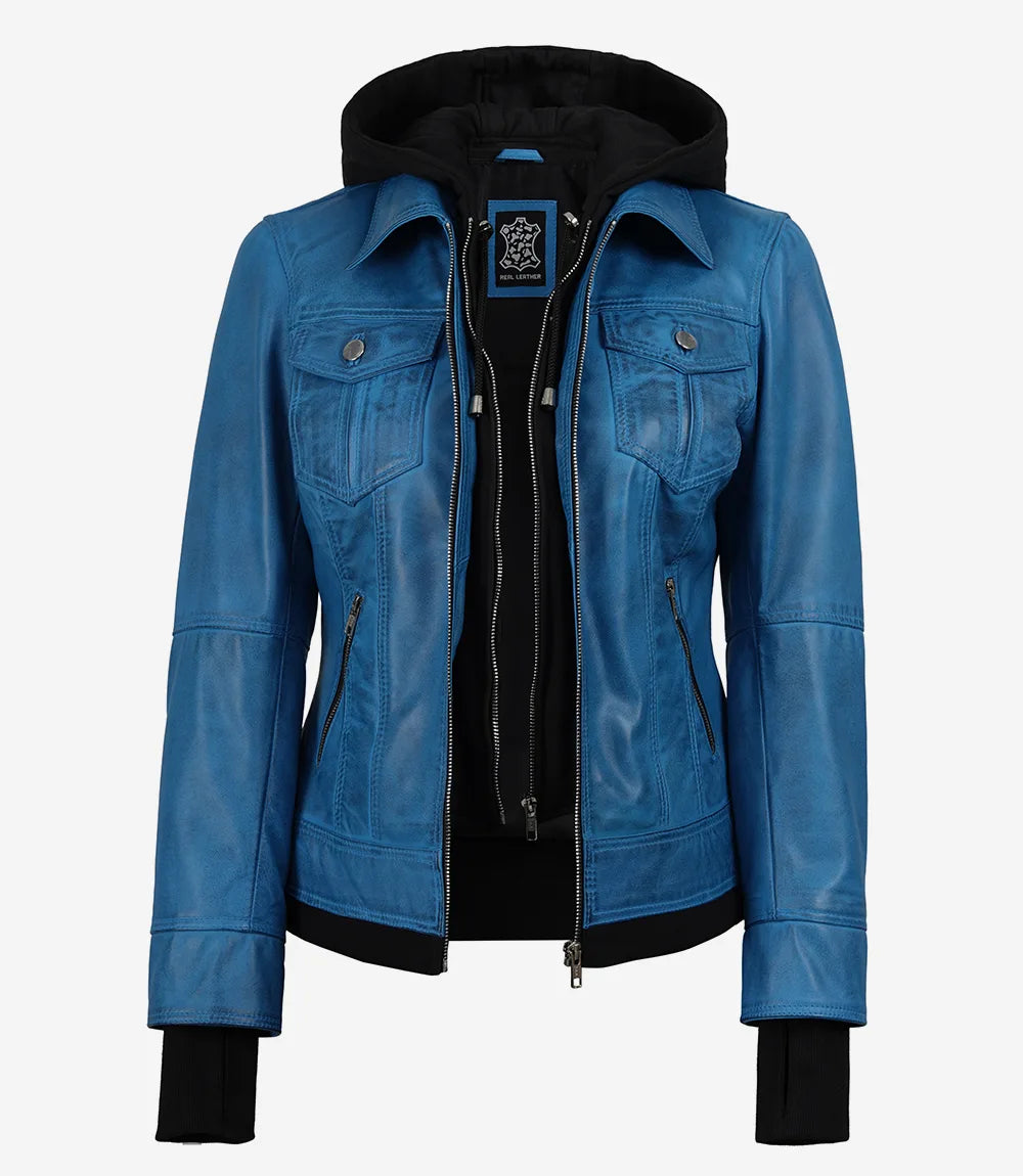 Women's Vivid Blue Lambskin Leather Jacket - Removable Hood - Image 2