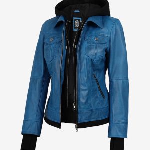 Women's Vivid Blue Lambskin Leather Jacket - Removable Hood