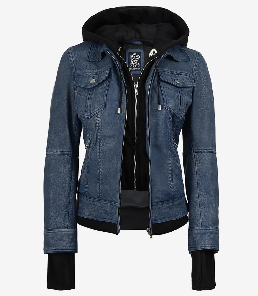 Women's Blue Leather Jacket with Removable Hood - Washed Denim Look - Image 6