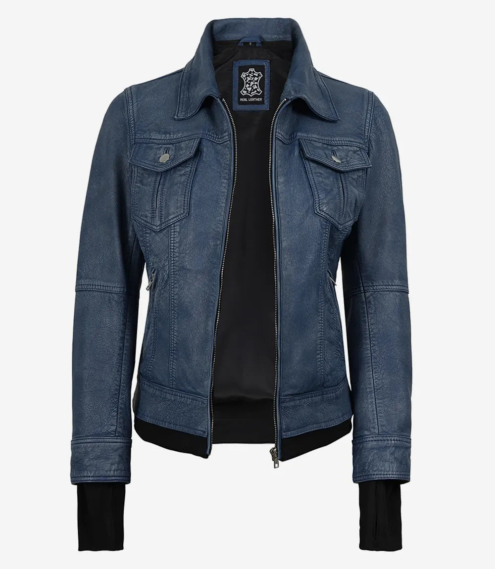Women's Blue Leather Jacket with Removable Hood - Washed Denim Look - Image 4