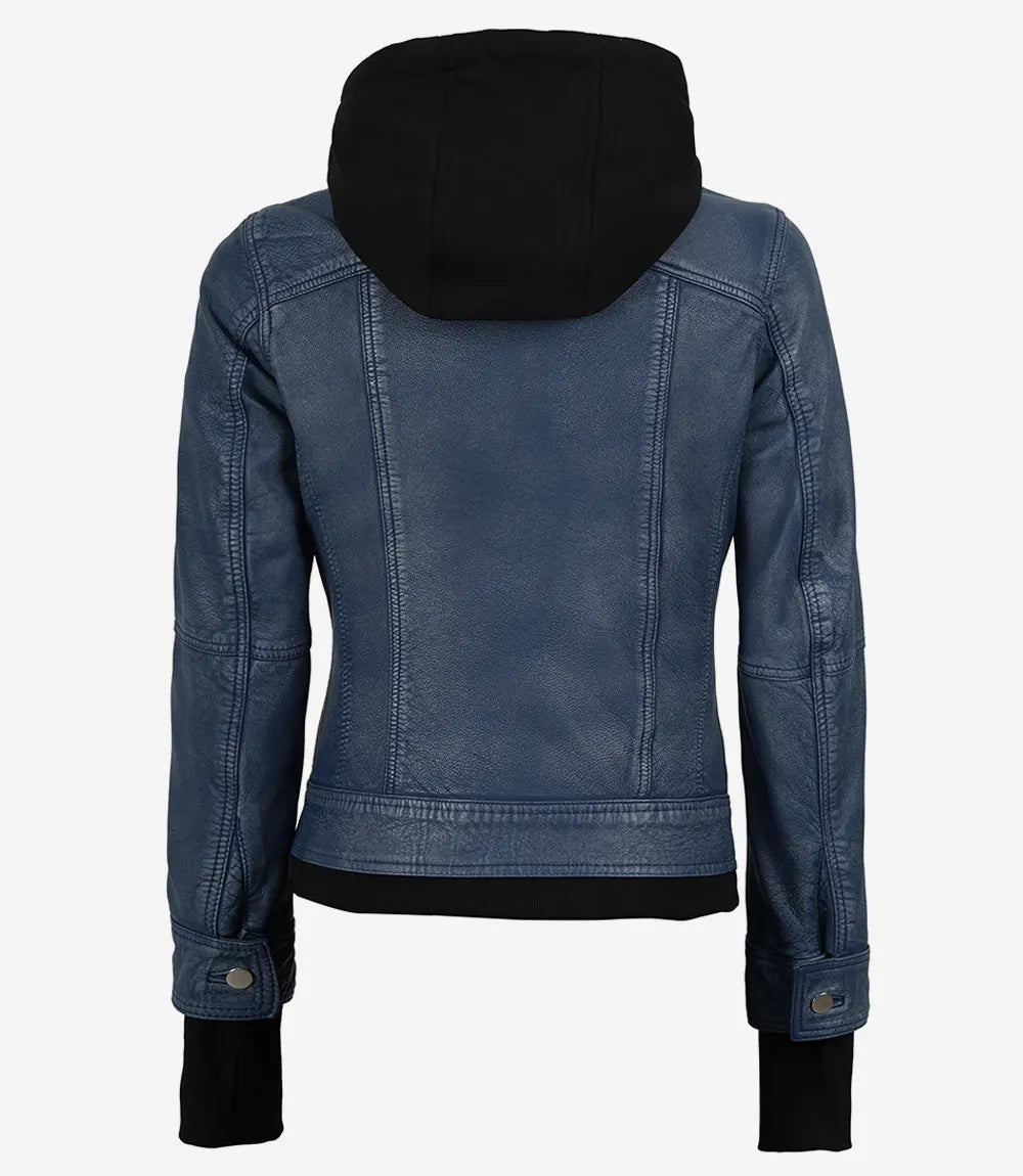 Women's Blue Leather Jacket with Removable Hood - Washed Denim Look - Image 2