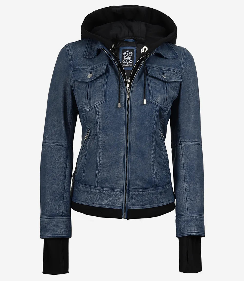 Women's Blue Leather Jacket with Removable Hood - Washed Denim Look - Image 7