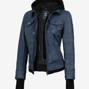 Women's Blue Leather Jacket with Removable Hood - Washed Denim Look