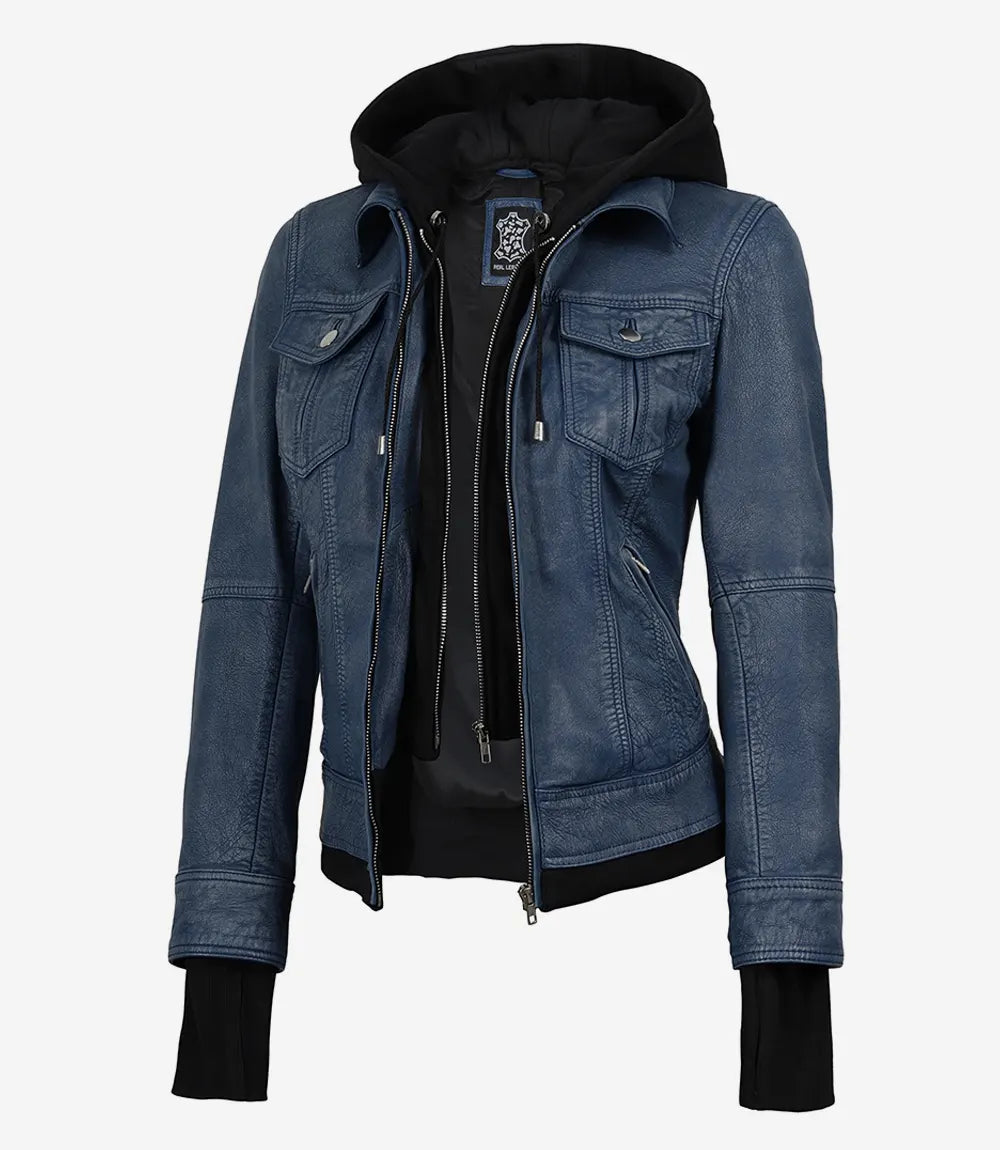 Women's Blue Leather Jacket with Removable Hood - Washed Denim Look