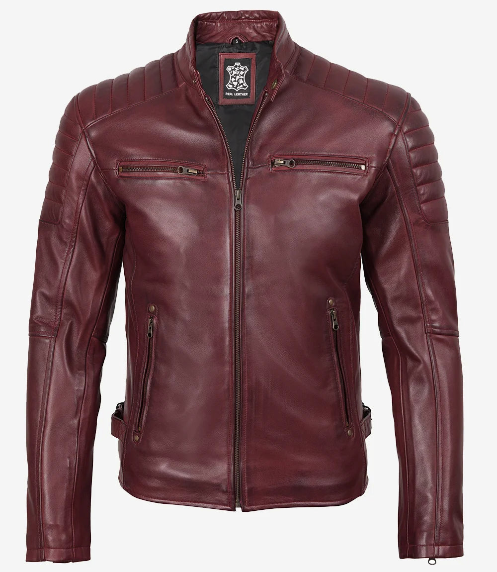 Men's Burgundy Quilted Lambskin Cafe Racer Jacket - Image 4