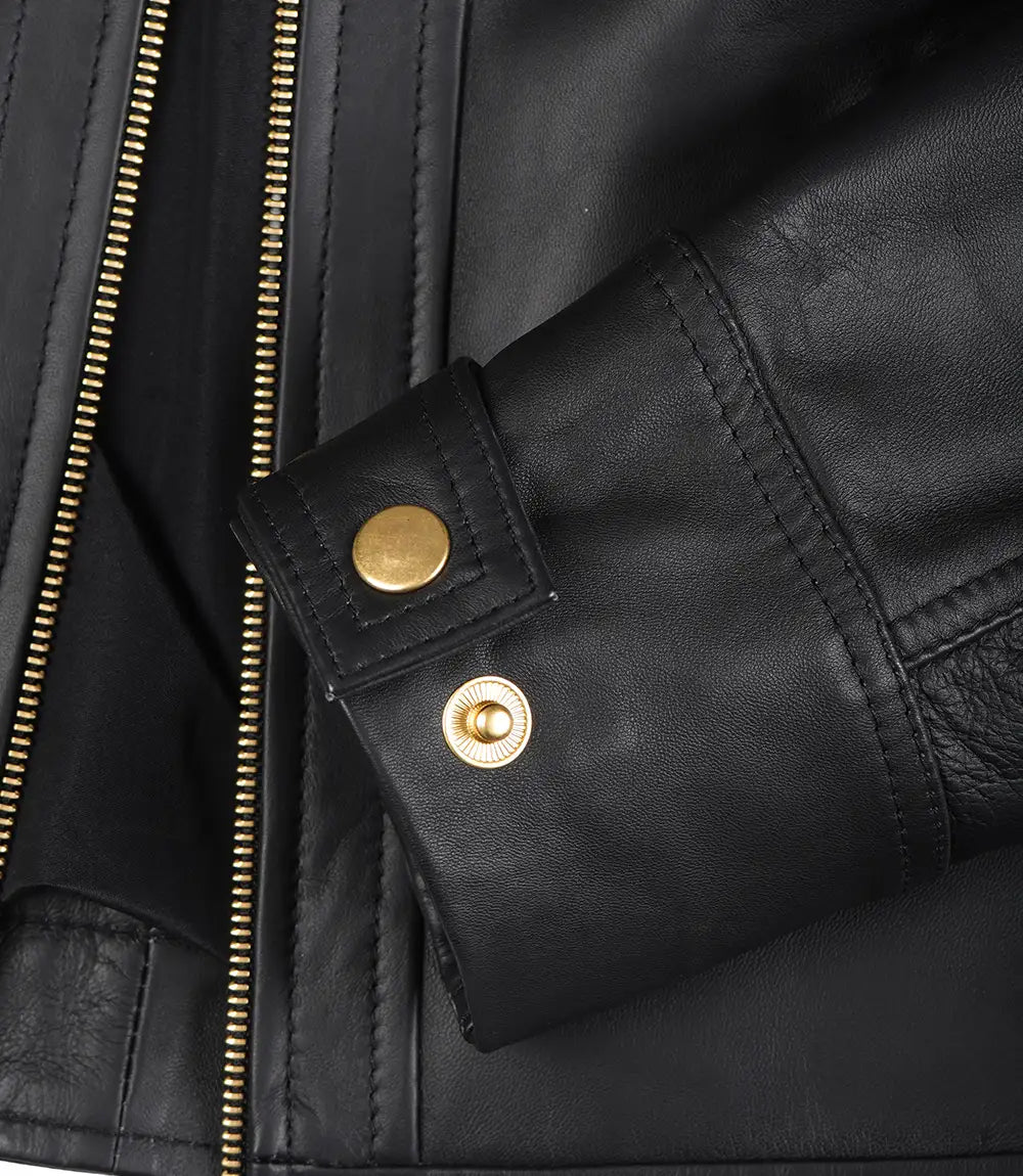 Women's Black Quilted Lambskin Biker Jacket — Gold Zippers & Snap Cuffs - Image 6