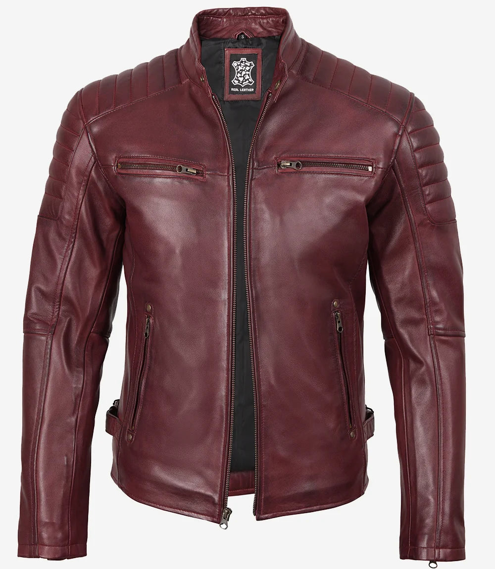 Men's Burgundy Quilted Lambskin Cafe Racer Jacket - Image 3