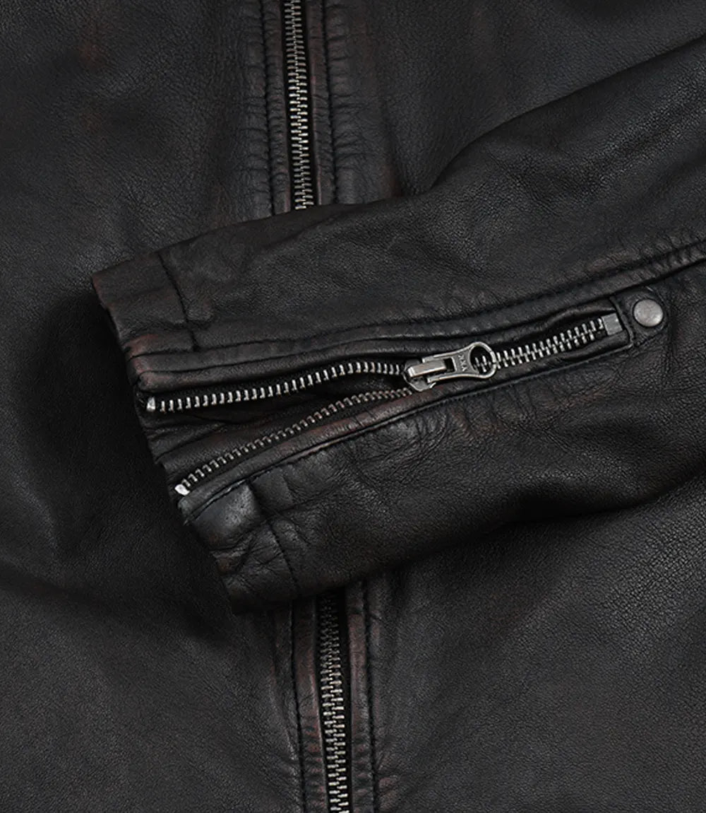 Men's Maroon Distressed Black Washed Leather Jacket - Biker Style - Image 5