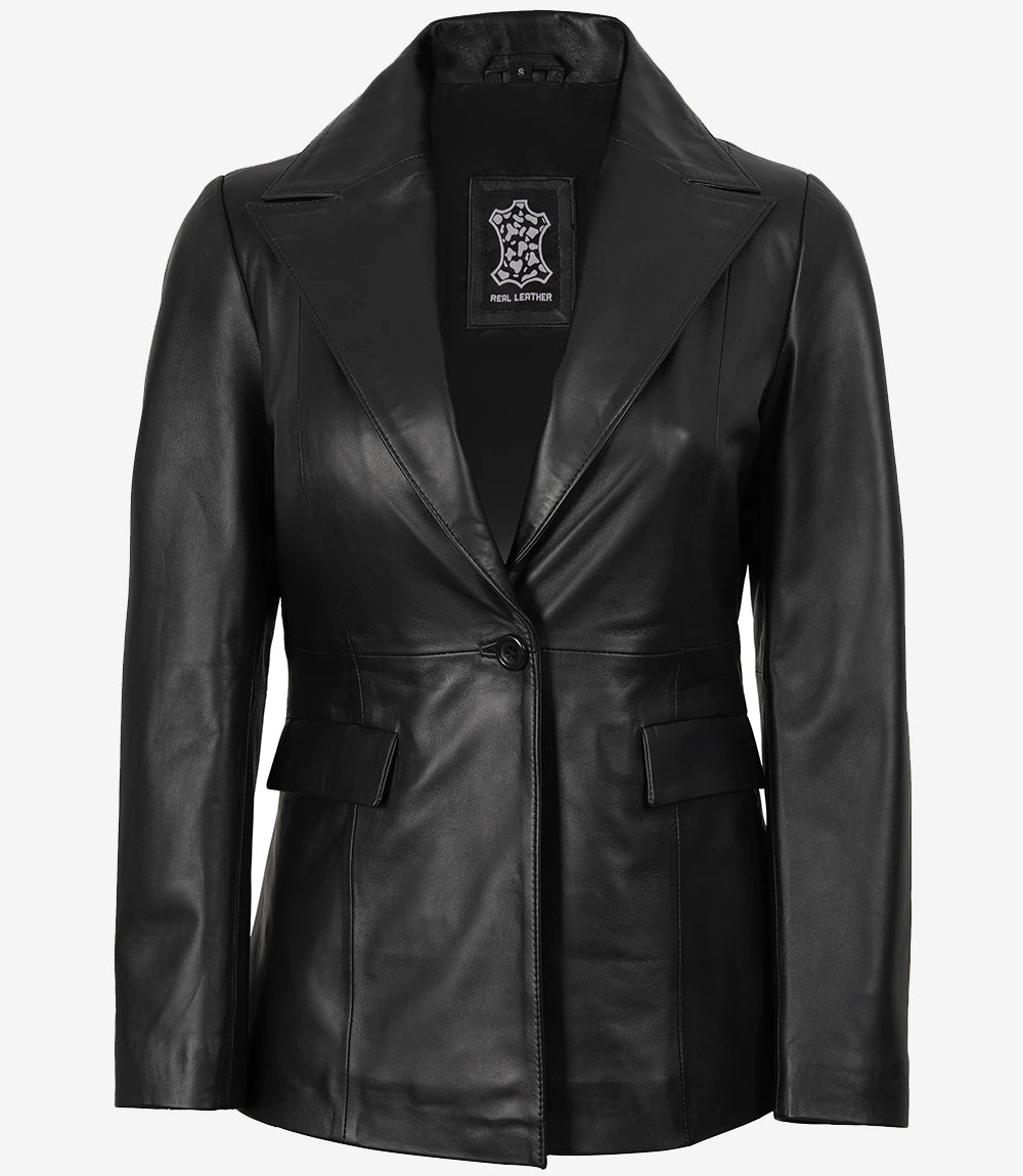 Women's Black Lambskin Single-Button Notch Lapel Blazer - Image 4