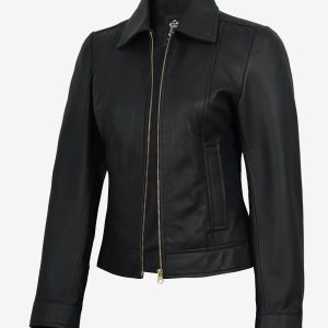Women's Black Lambskin Harrington Jacket — Gold Hardware & Accents