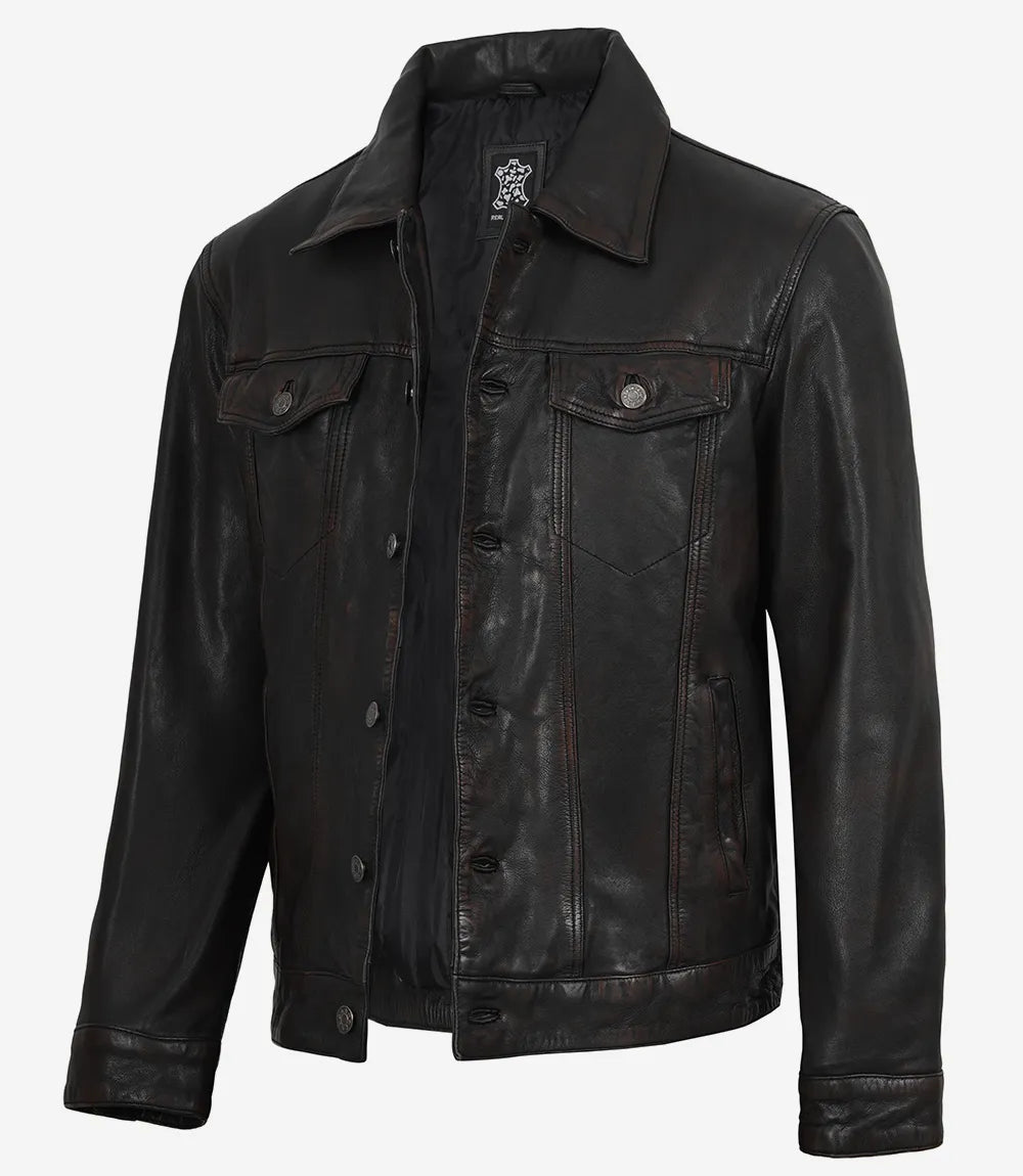 Men's Maroon Distressed Black-Washed Lambskin Trucker Jacket