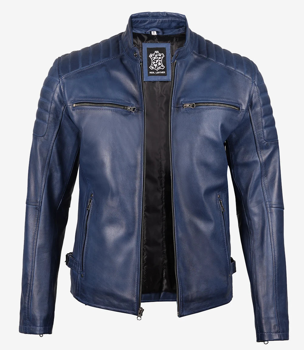 Men's Blue Quilted Lambskin Cafe Racer Jacket - Image 3