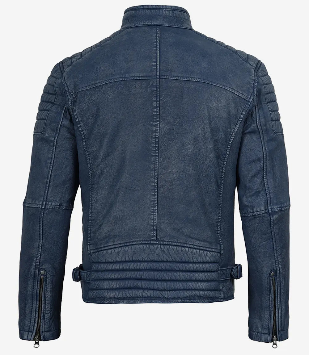 Men's Washed Blue Distressed Lambskin Biker Jacket - Image 2