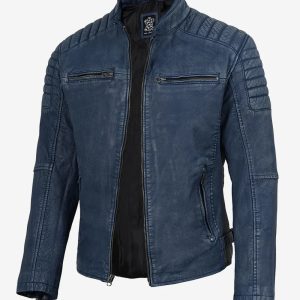 Men's Washed Blue Distressed Lambskin Biker Jacket