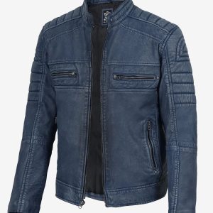 Men's Washed Blue Cafe Racer Style Leather Jacket