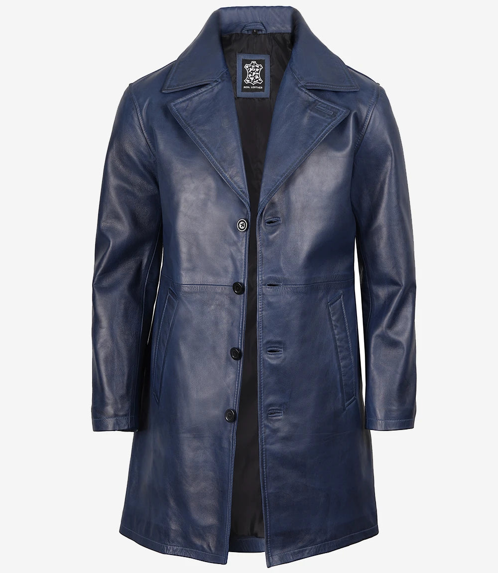 Men's Blue Wax Lambskin 3/4 Length Car Coat - Image 3