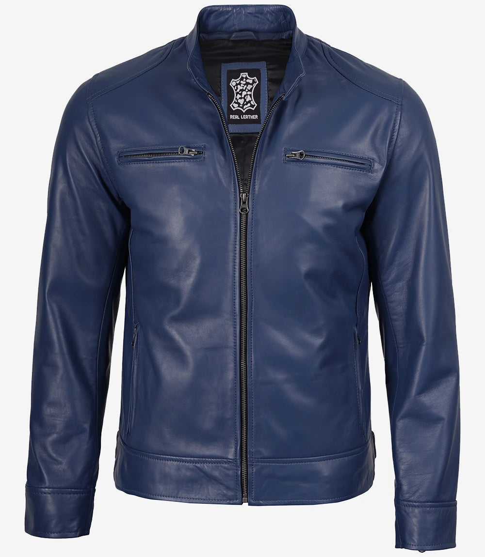 Men's Blue Lambskin Cafe Racer Jacket - Image 4