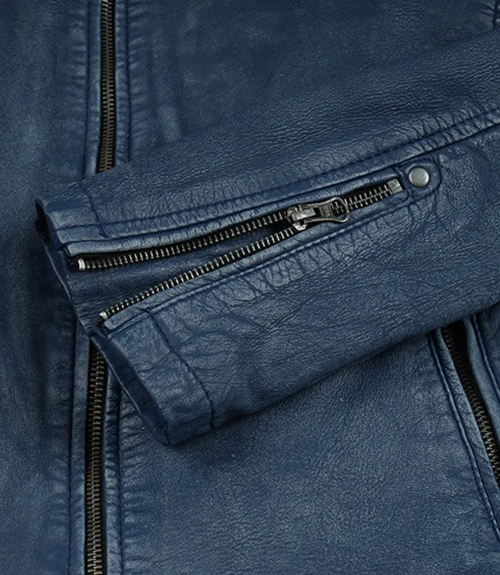 Men's Washed Blue Distressed Lambskin Biker Jacket - Image 5