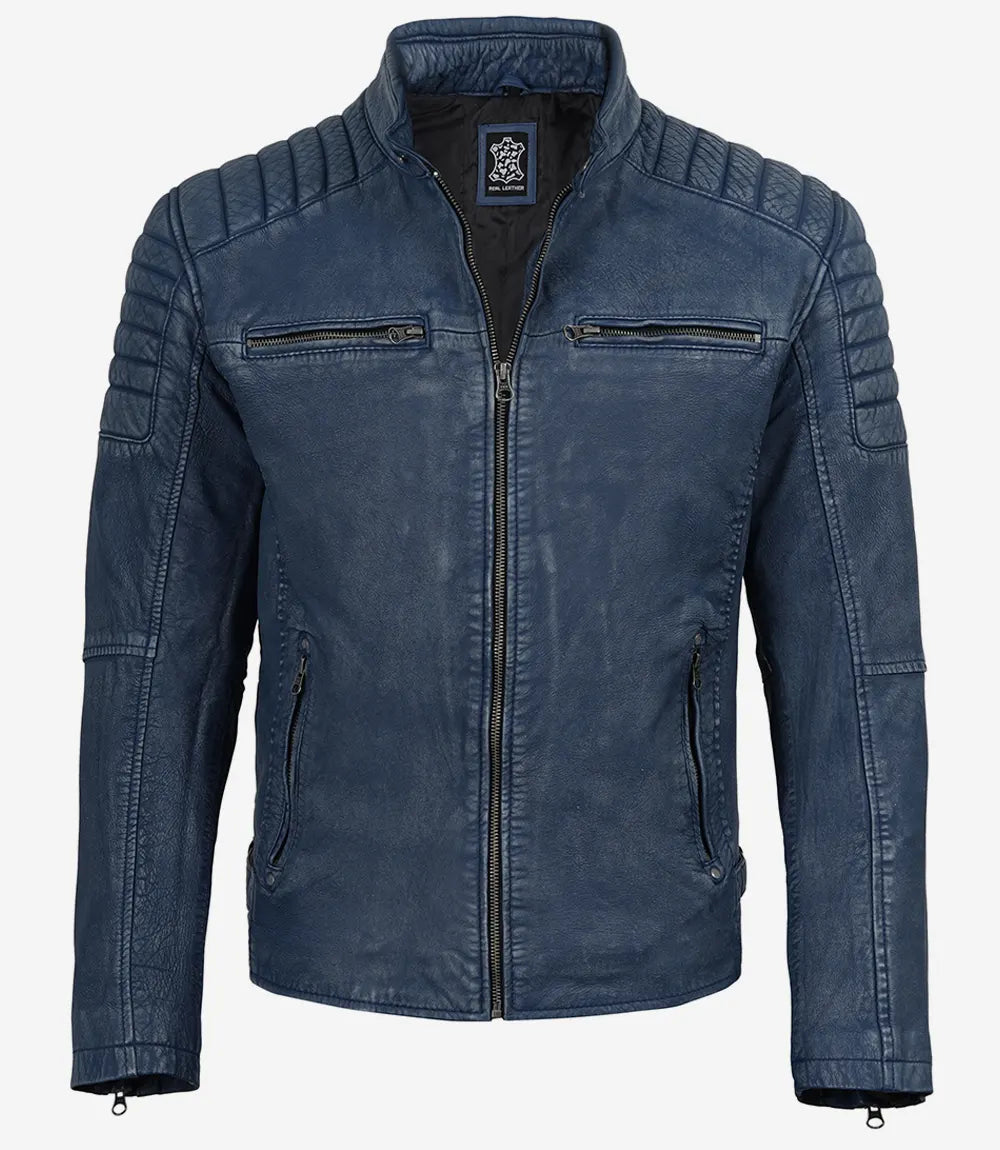 Men's Washed Blue Distressed Lambskin Biker Jacket - Image 4