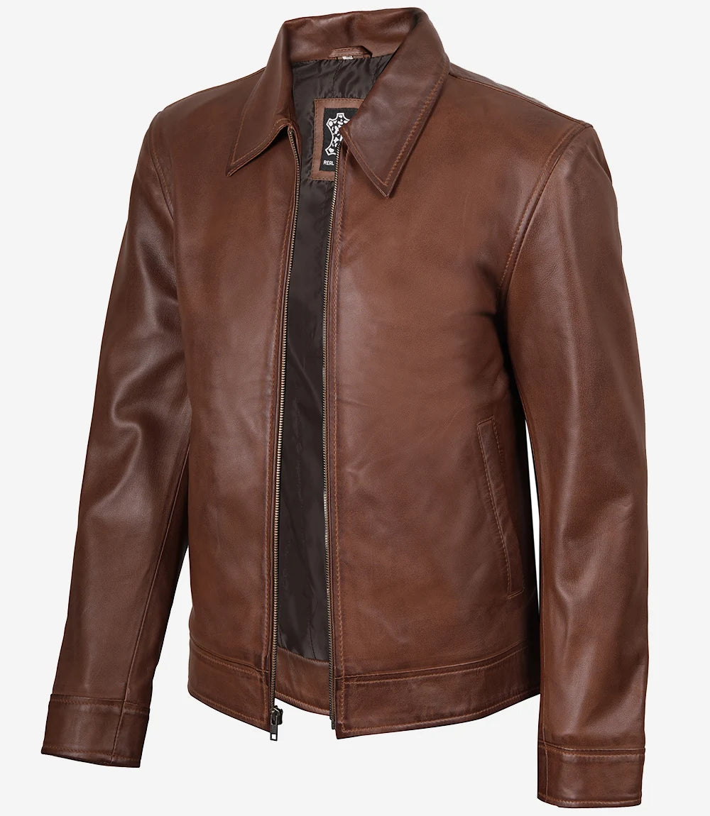 Men's Cognac Brown Harrington Leather Jacket | Shirt Collar - Image 3