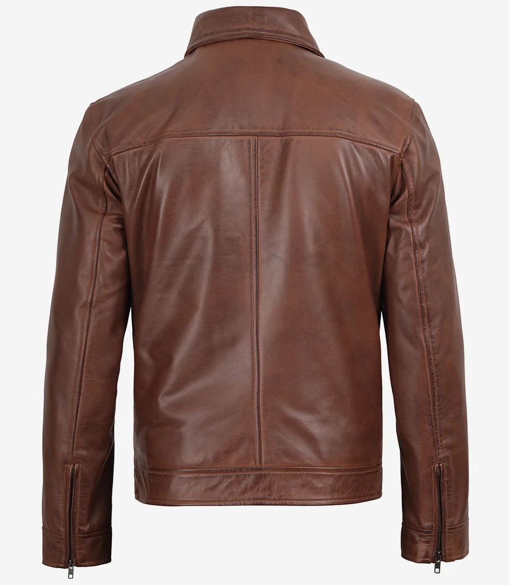Men's Cognac Brown Harrington Leather Jacket | Shirt Collar - Image 2