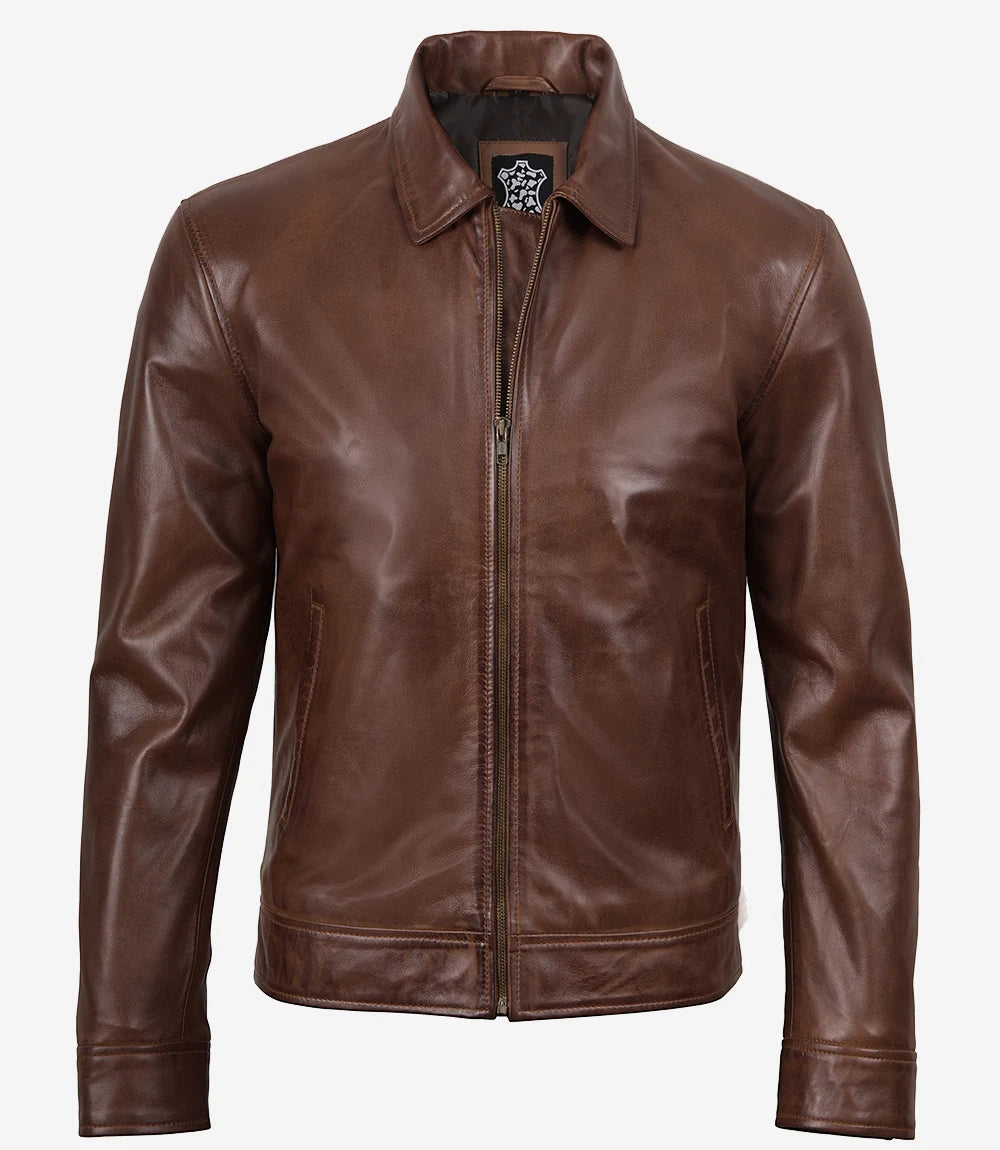 Men's Cognac Brown Harrington Leather Jacket | Buttoned-Cuff - Image 4