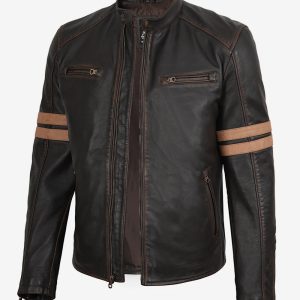 Men's Dark Brown Rub-Off Lambskin Cafe Racer Jacket with Tan Stripes