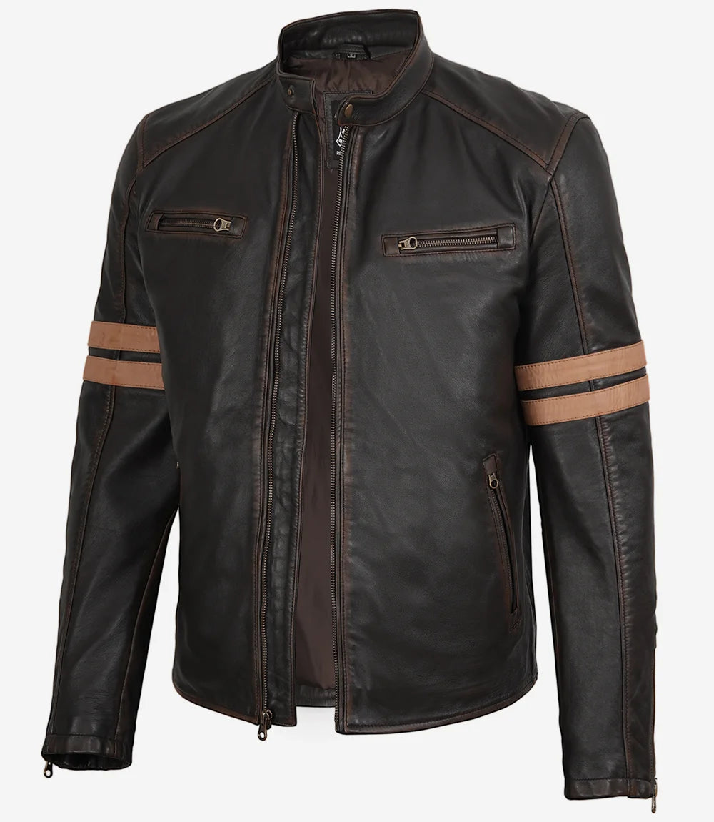 Men's Dark Brown Rub-Off Lambskin Cafe Racer Jacket with Tan Stripes