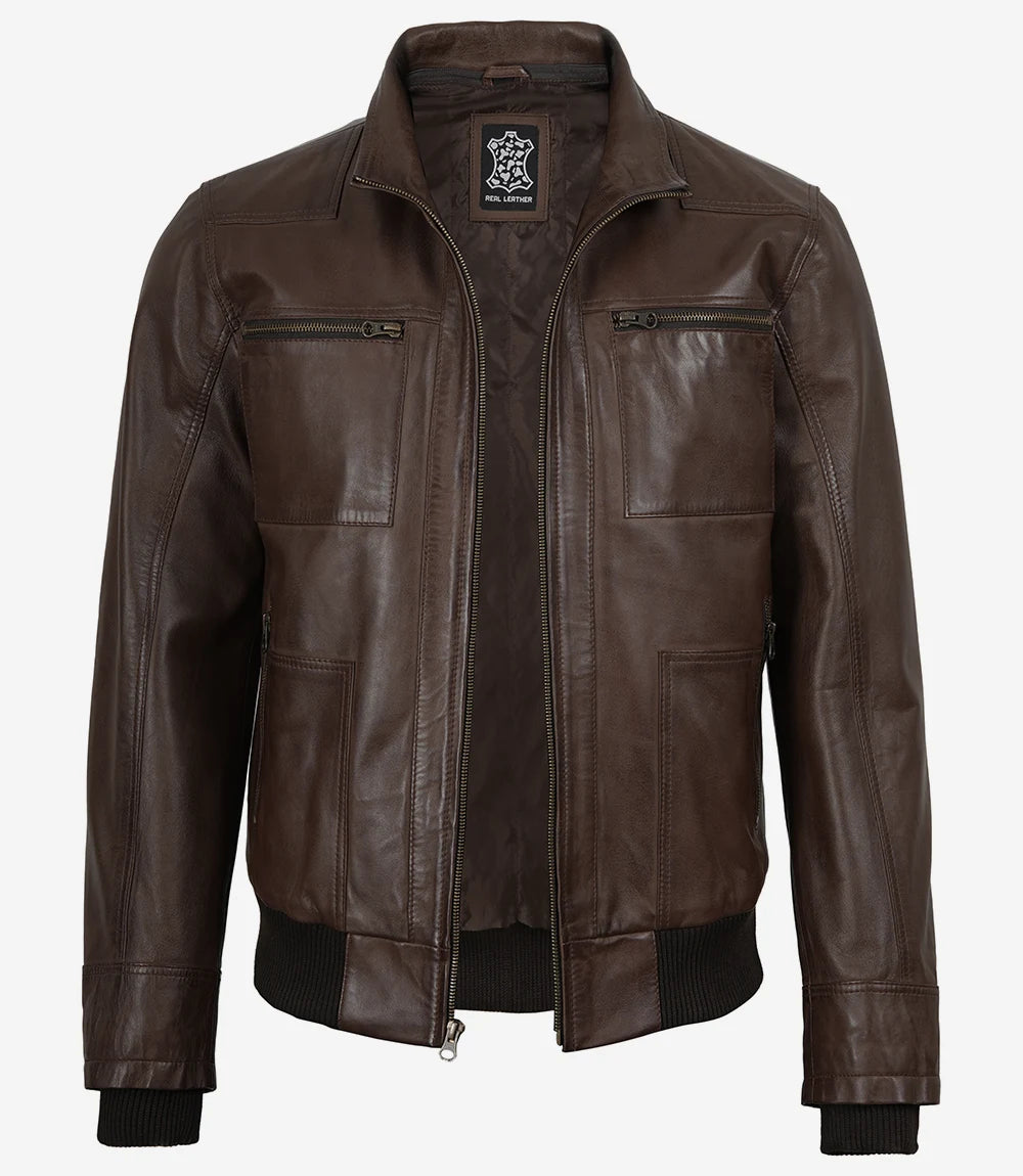 Men's Dark Brown Bomber Leather Jacket With Removable Hood - Image 5