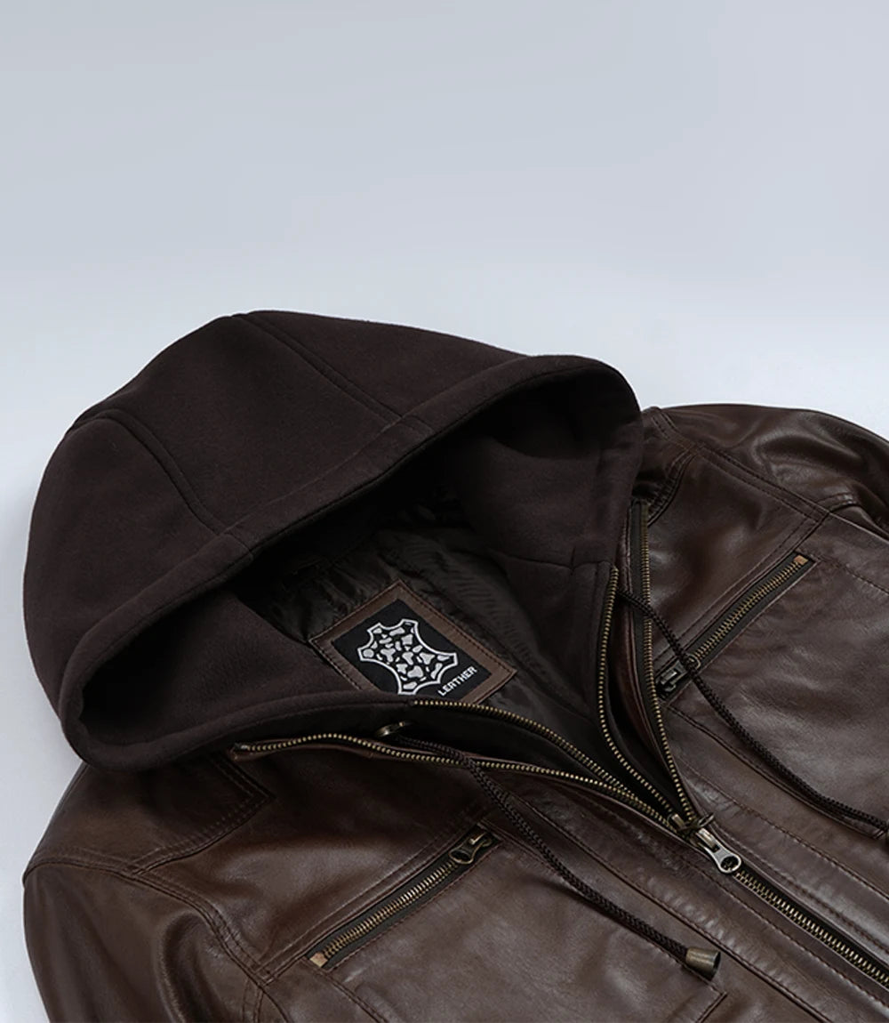 Men's Dark Brown Bomber Leather Jacket With Removable Hood - Image 8