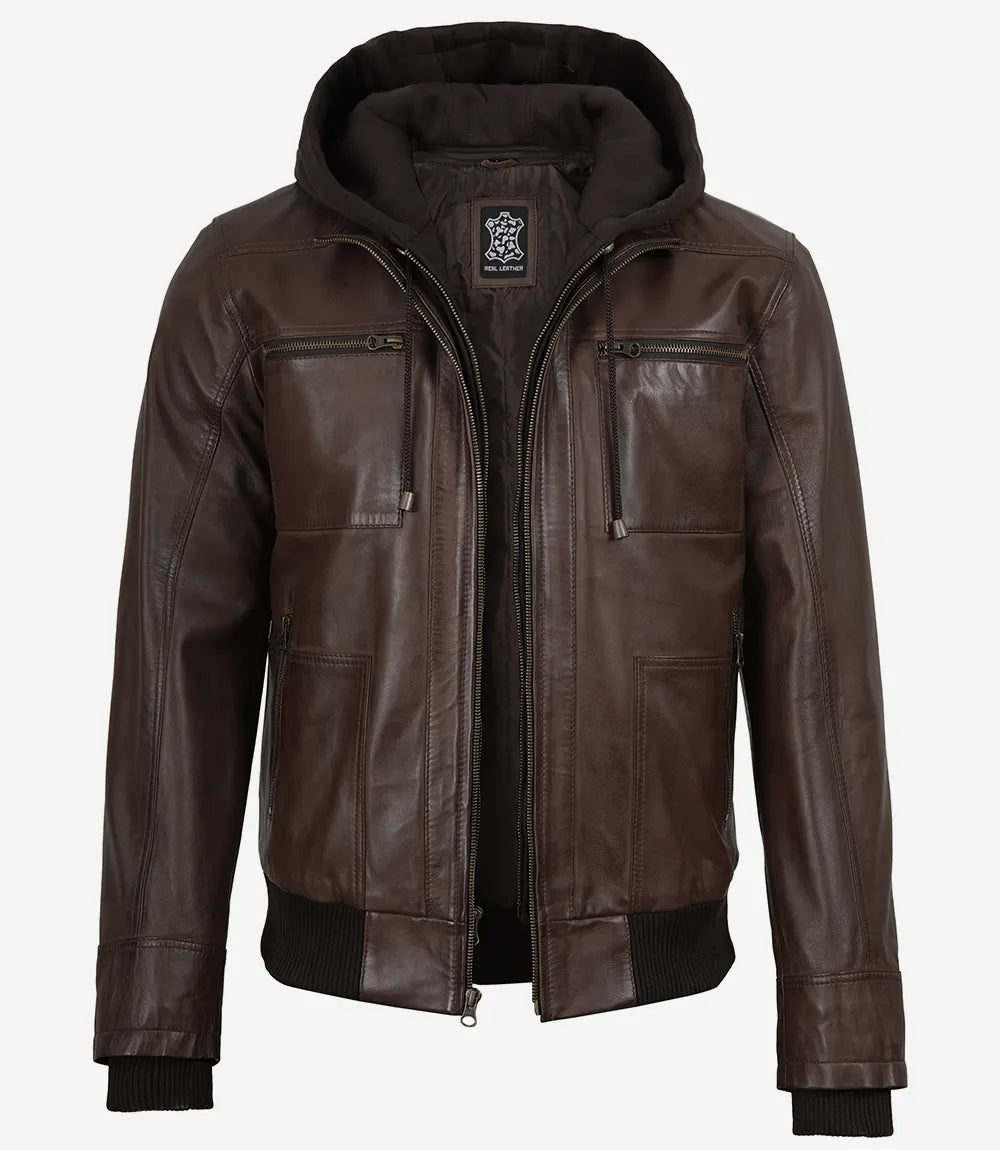 Men's Dark Brown Bomber Leather Jacket With Removable Hood - Image 4
