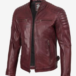 Men's Burgundy Quilted Lambskin Cafe Racer Jacket